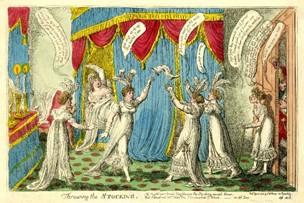 A rare record of an actual ‘Throwing the stocking’ wedding tradition. Apologies for the small size of the image.